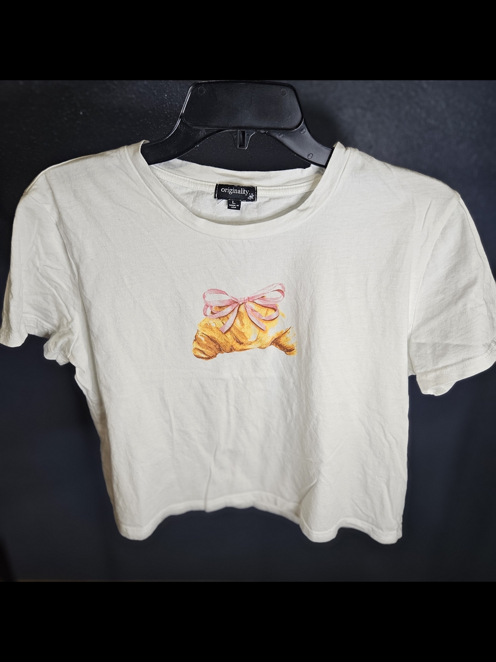 Never Been Worn Originality Cropped White Tee with Croissant & Pink Bow Graphic